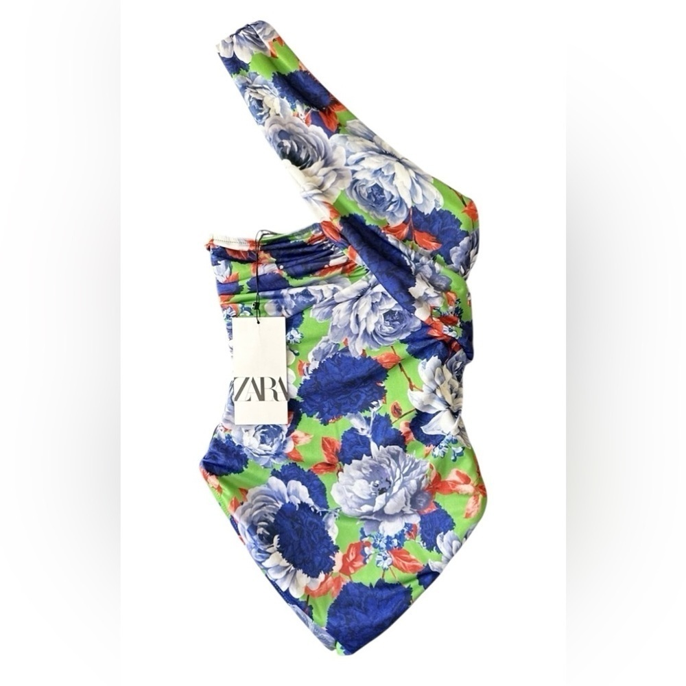 Zara Blue & Green Floral Asymmetrical Summer Resort Bodysuit Size Small NWT - Picture 6 of 9